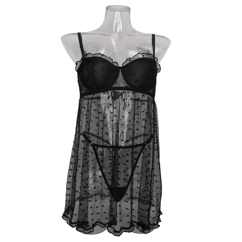 Lace Spaghetti Strap Sheer Mesh Underwire Push-Up Sleep Dress